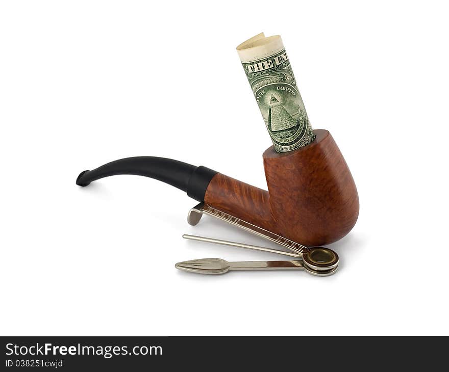 Tobacco-pipe with dollar bill and accessory isolated on white background