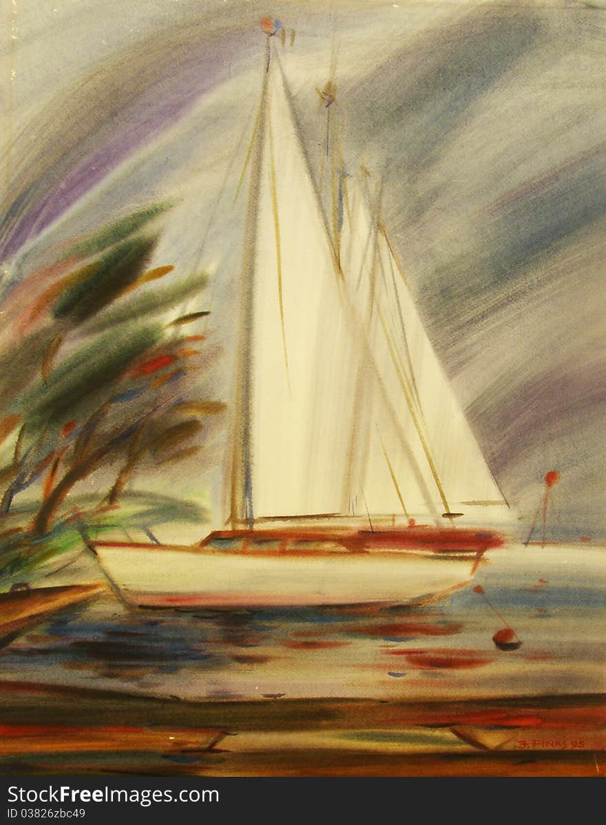 Watercolor Painting hand draw yacht. Watercolor Painting hand draw yacht