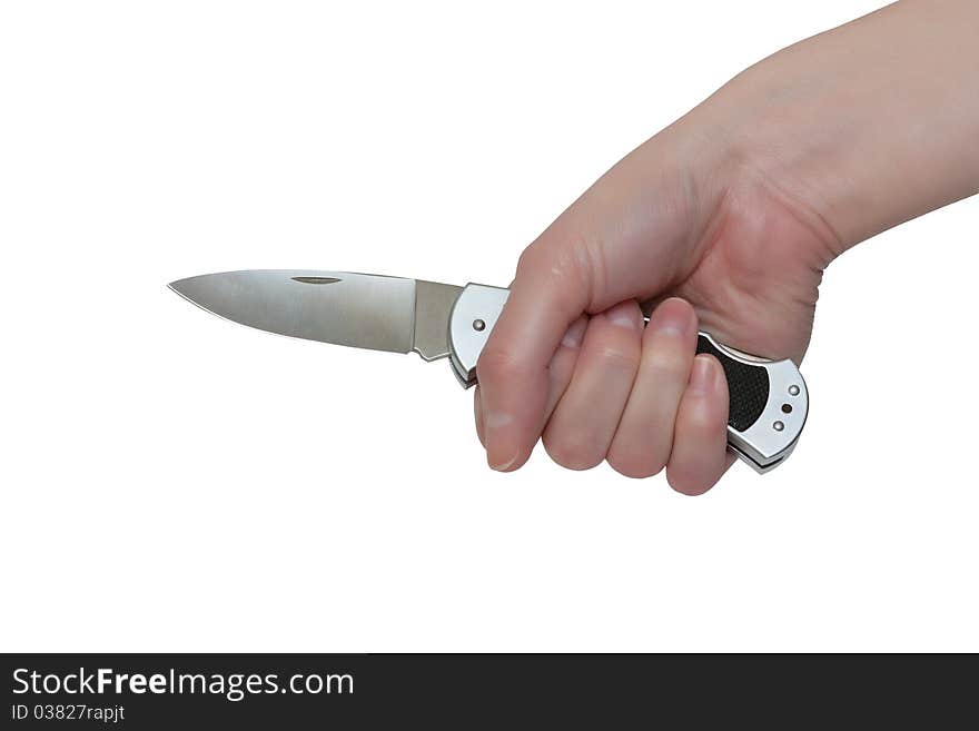 The knife in the hand. Isolated over white.