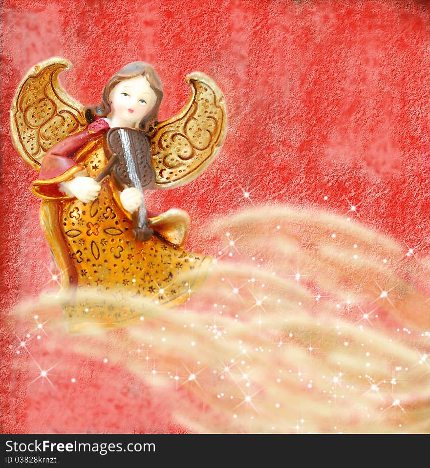 Angel with violin on red background