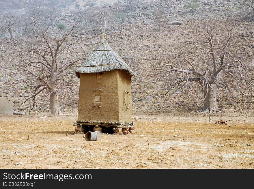 Horizintal image of a Dogon granary in Mali