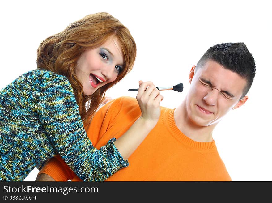 Two teenagers playing with Make-up brush. Two teenagers playing with Make-up brush