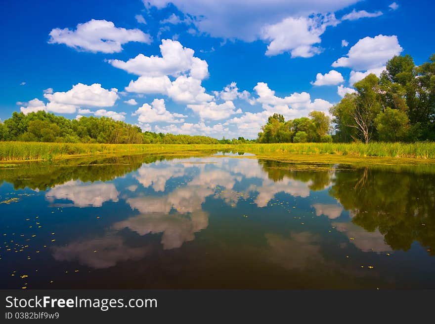 Natural reflections on a lake and beautiful clouds