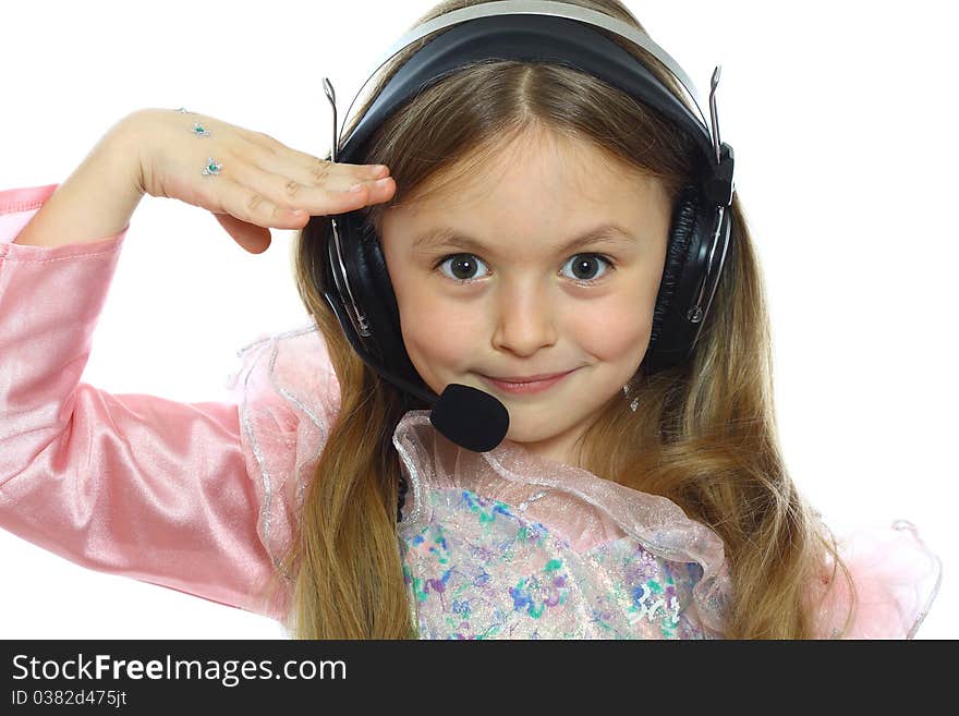 Cute little girl playing the operator isolated on white. Cute little girl playing the operator isolated on white