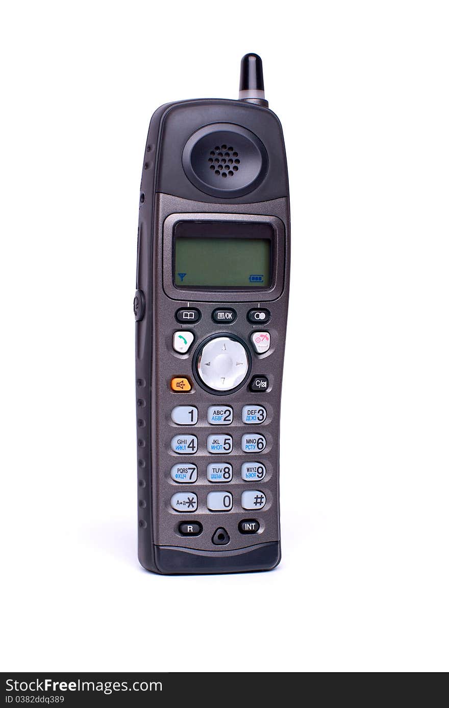 Black radio telephone on white background