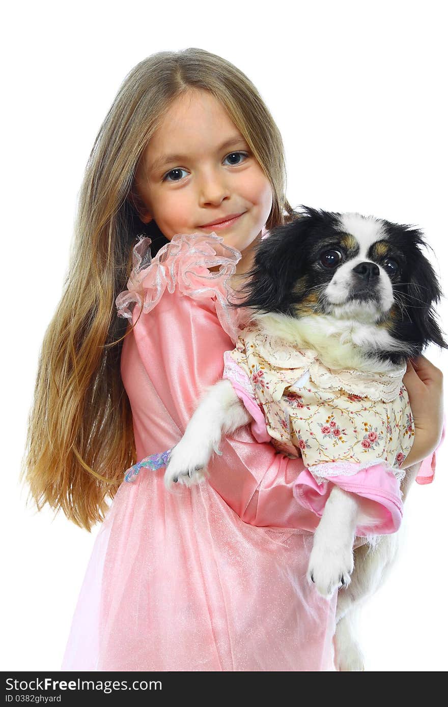 Little Girl And Her Dog. Isolated On White Background. Little Girl And Her Dog. Isolated On White Background