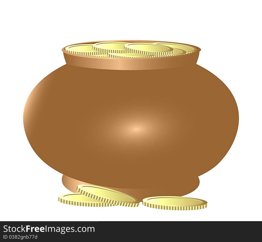 Copper pot filled with gold coins. A composition on a white background. Copper pot filled with gold coins. A composition on a white background.