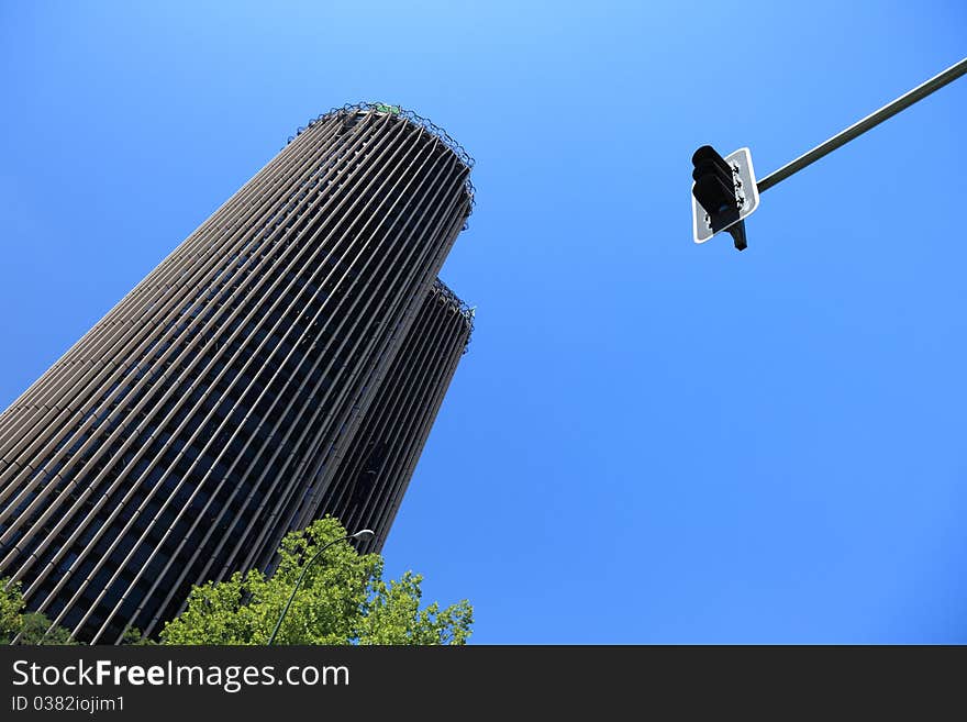 Skyscraper and traffic light.