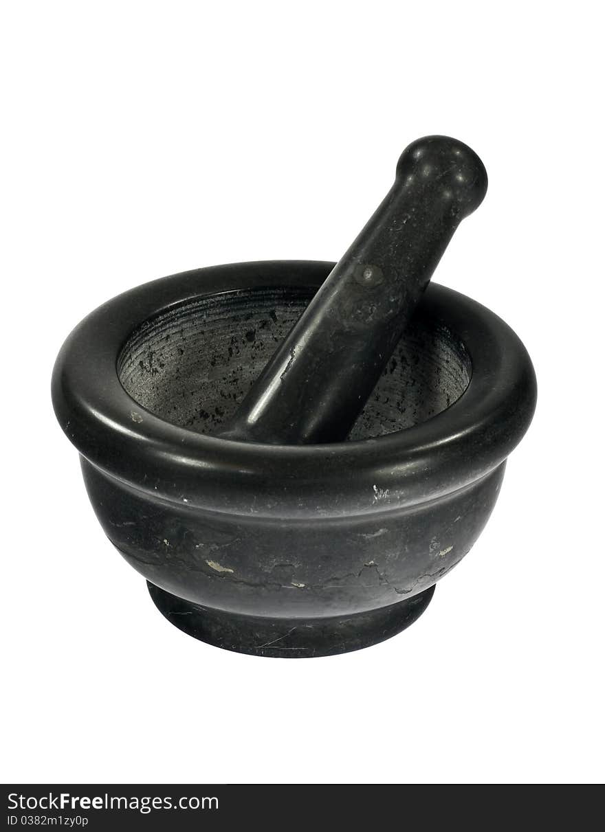 Black stone mortar on white background