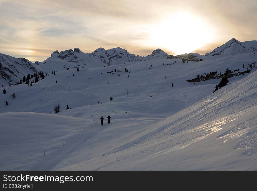 Winter sunset in Dolomites, Alps, Italy