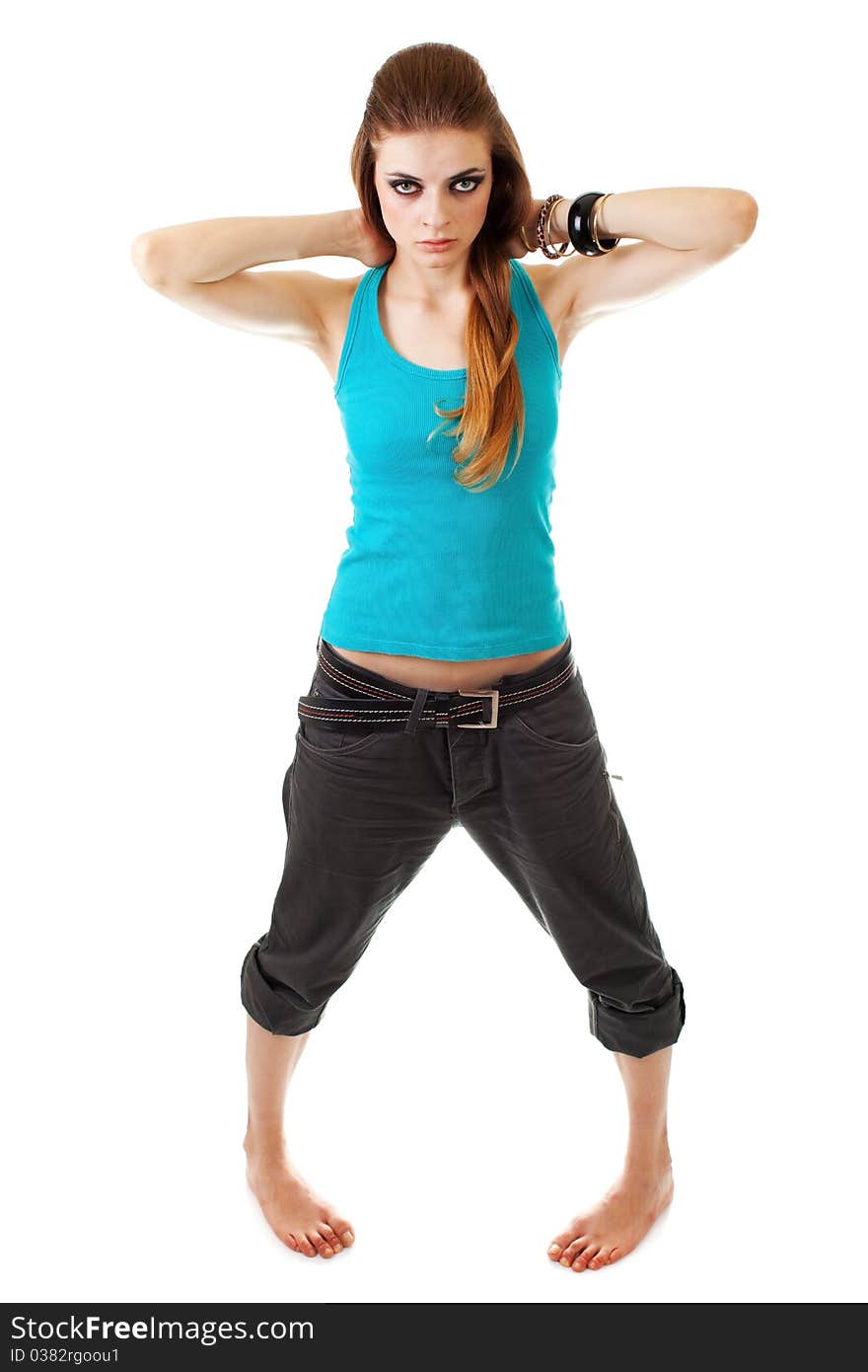 Girl in a dark makeup in blue T-shirt on white background