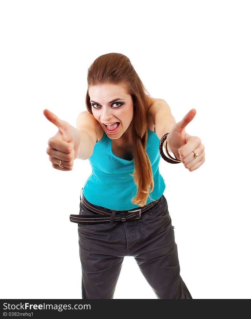 Winner Girl in a dark makeup in blue T-shirt on white background