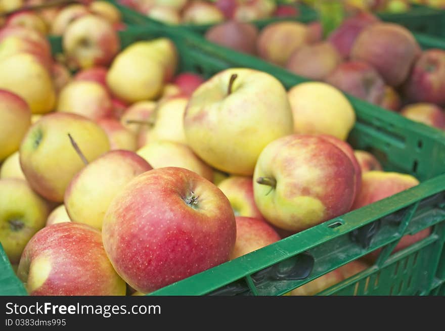 Closeup of apples in boxes at a street sale