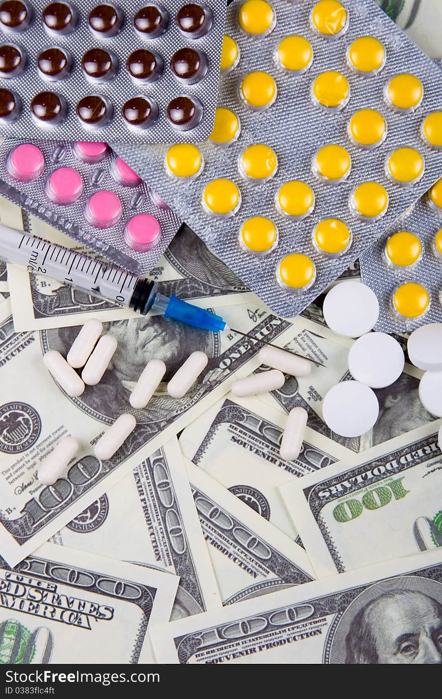 Money and pills, abstract business medical background