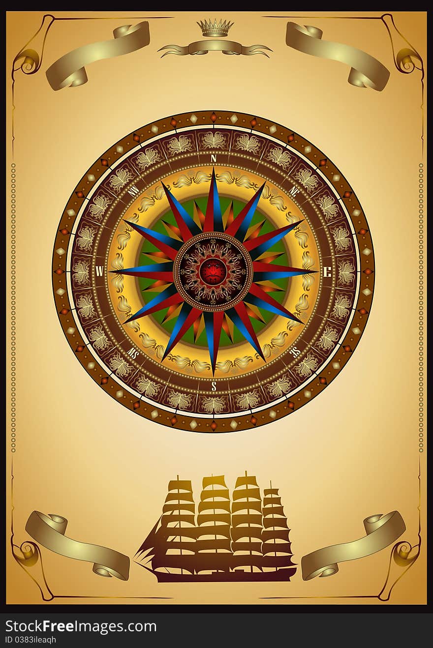 There is luxury gold wind rose compass banner advertising. There is luxury gold wind rose compass banner advertising