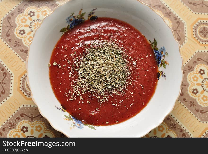 Tomato sauce with spices prepared for the pizza. Tomato sauce with spices prepared for the pizza