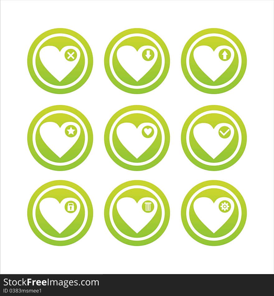 Set of 9 green hearts signs