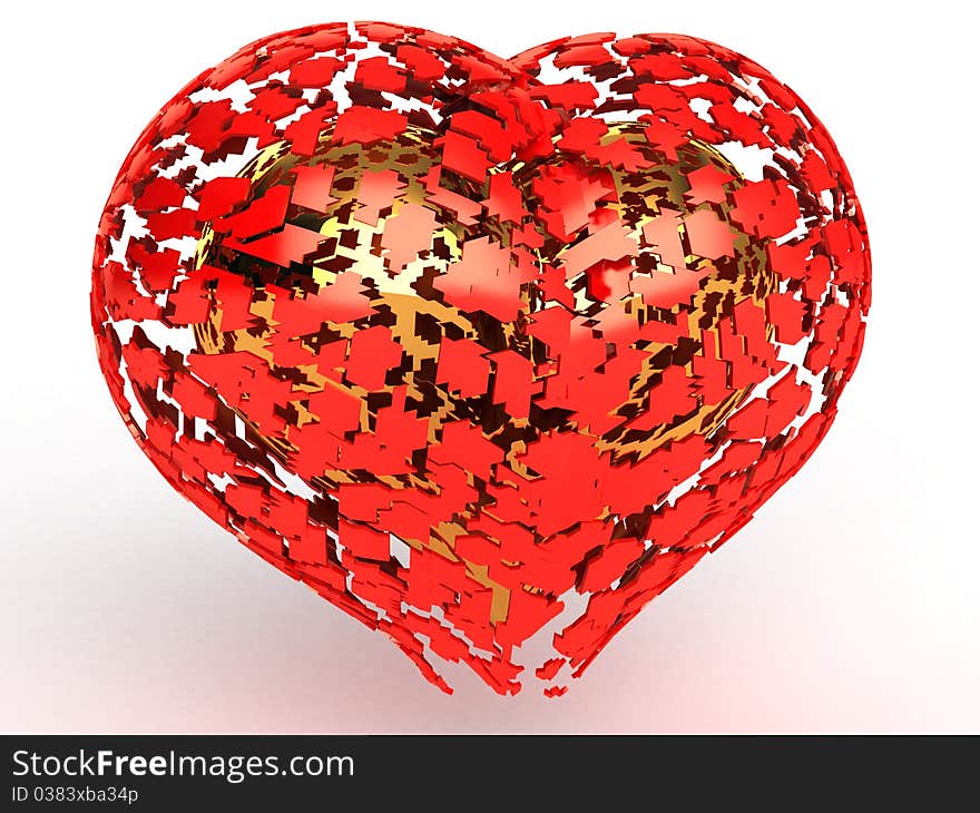 Fragments of red hearts around the golden heart on a white background