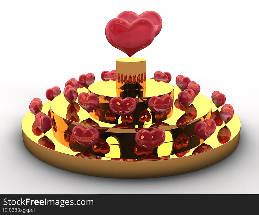 Cake in the form of gold layers, and hearts made of red glass on a white background №1. Cake in the form of gold layers, and hearts made of red glass on a white background №1