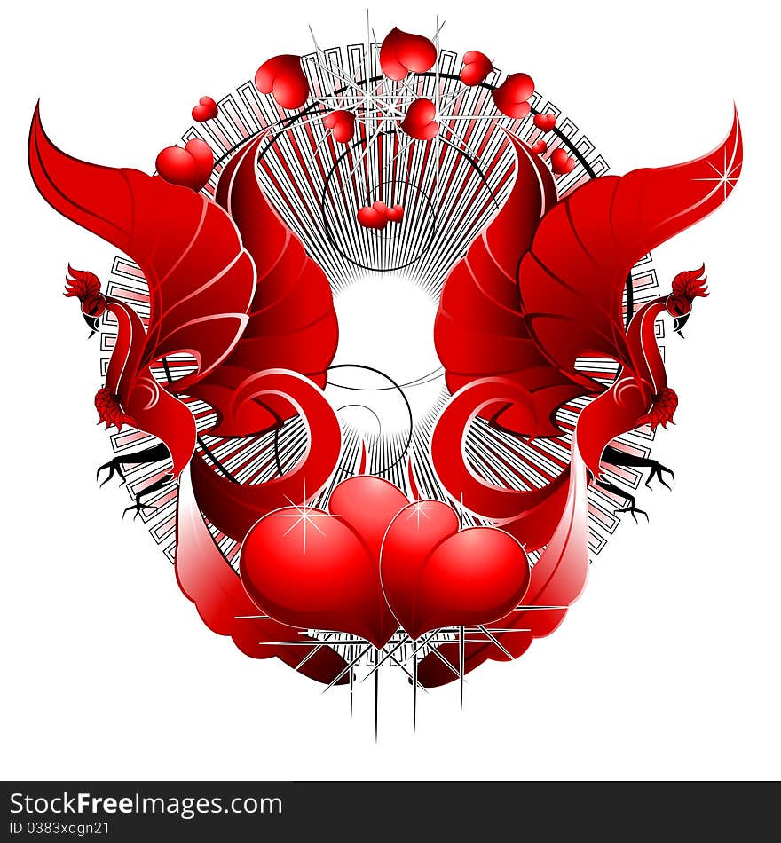 Two red shiny heart two red birds. Artisic and graphic. Two red shiny heart two red birds. Artisic and graphic