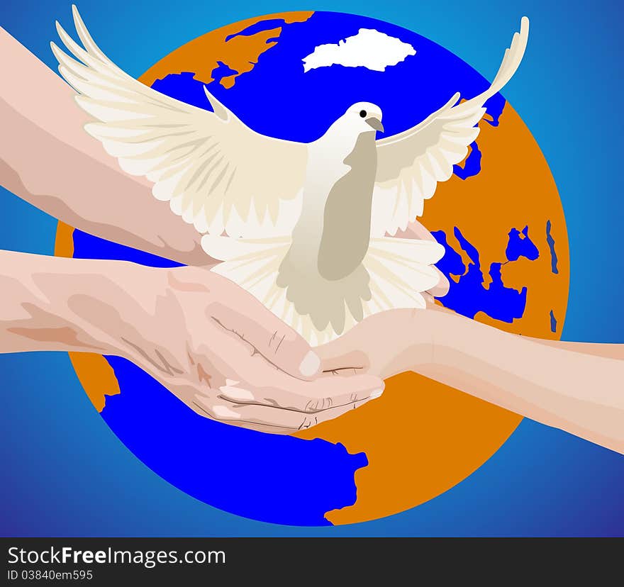 On the background of the Earth hand man and a woman holding a white dove. On the background of the Earth hand man and a woman holding a white dove