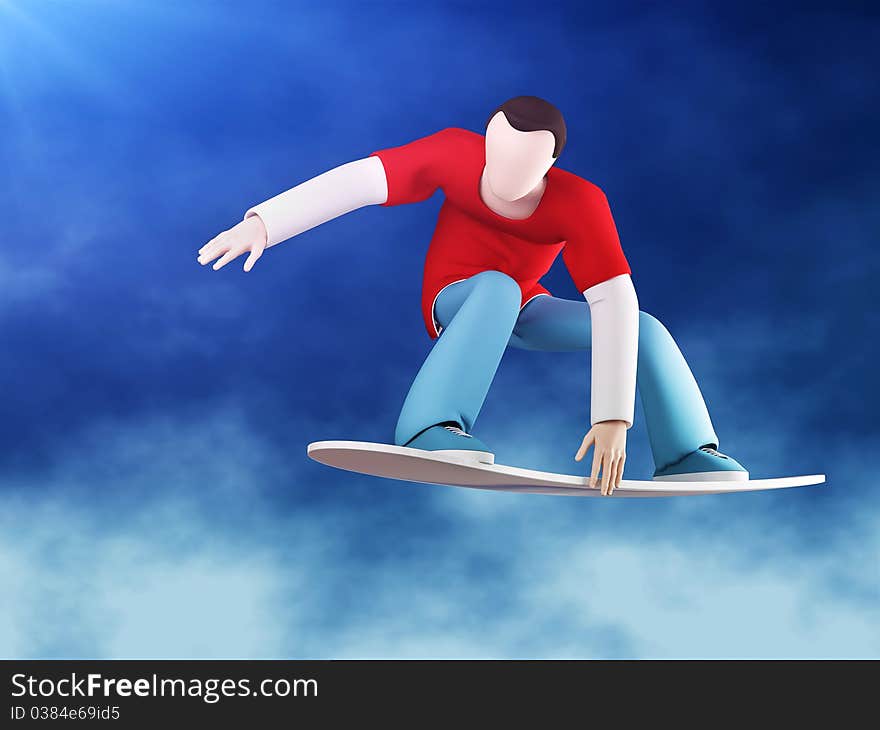 3D snowboarder jumping with grab (capture board). Against the blue clear sky. 3D snowboarder jumping with grab (capture board). Against the blue clear sky