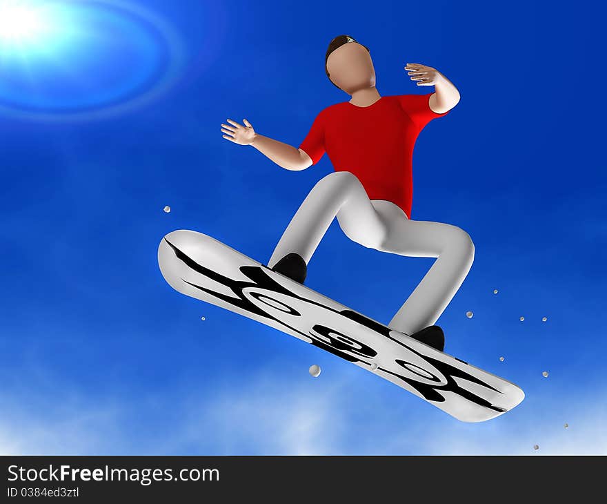 3D person snowboarder jumping in on the background of the dove sunny sky. 3D person snowboarder jumping in on the background of the dove sunny sky