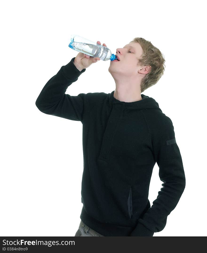 Man drinking bottled water isolated on white