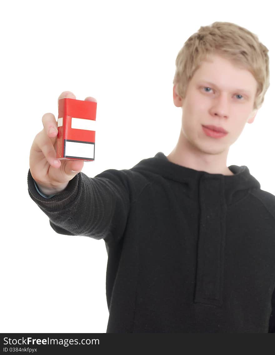 Male student reading some notebooks - isolated over a white background. Male student reading some notebooks - isolated over a white background