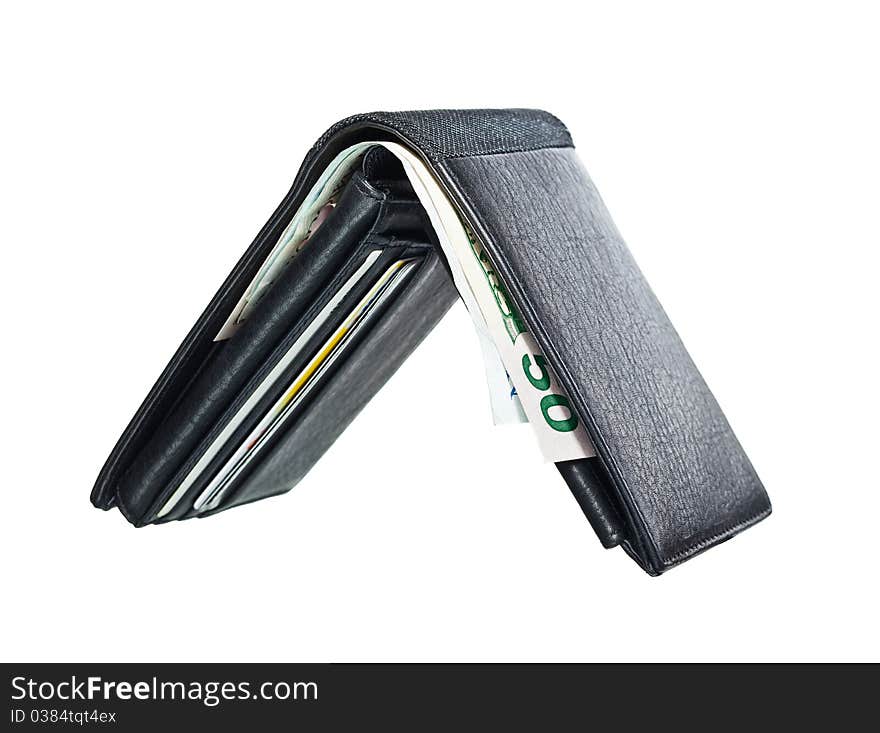 Black leather wallet Opened with cash and credit cards in it. Black leather wallet Opened with cash and credit cards in it.