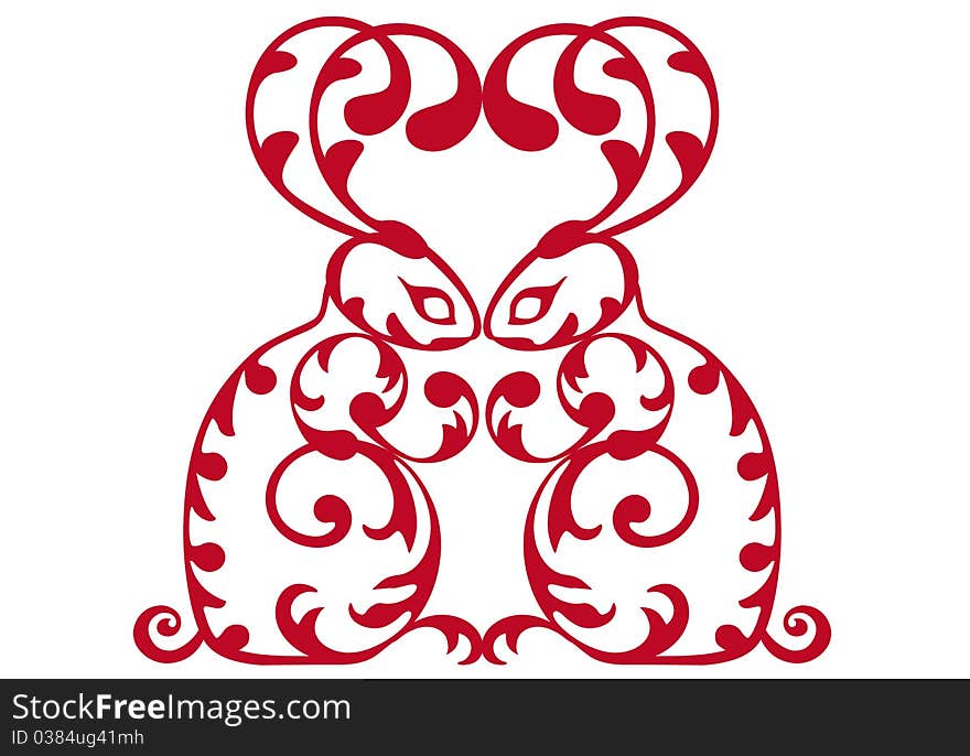 Red rabbits with heart ears, ornamental vector illustration. Red rabbits with heart ears, ornamental vector illustration