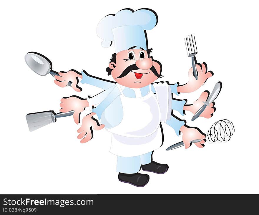 Cook chef with six hands ,icon isolated over white