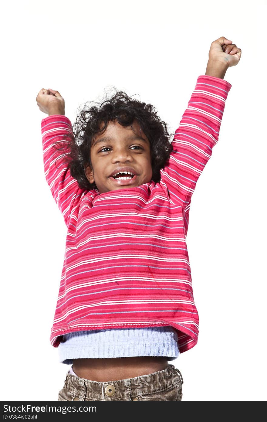 Portrait of little Indian girl on a white background