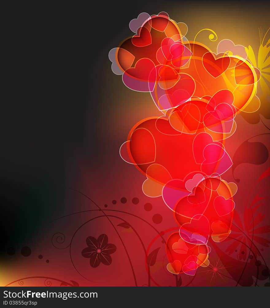 Glowing hearts on abstract floral background. Glowing hearts on abstract floral background