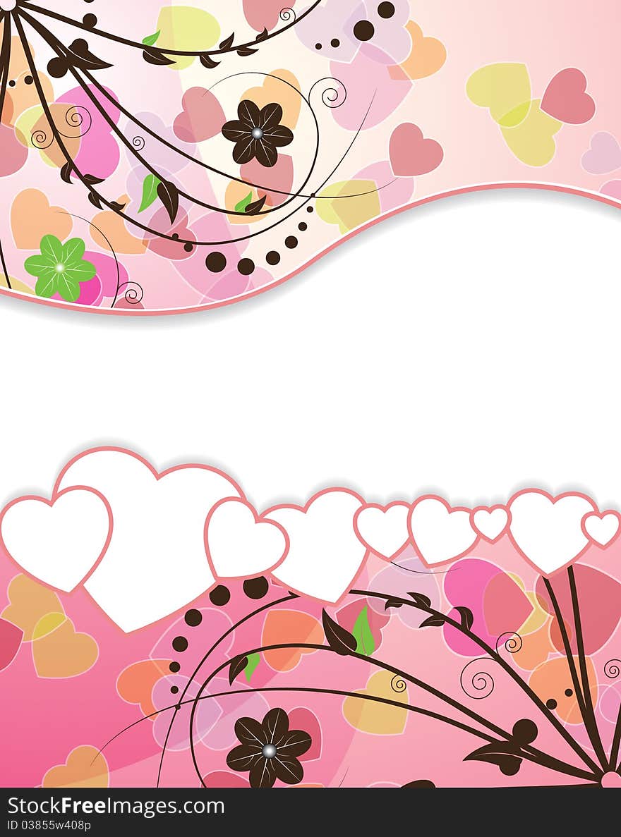 White hearts with a pink border on a floral background. White hearts with a pink border on a floral background