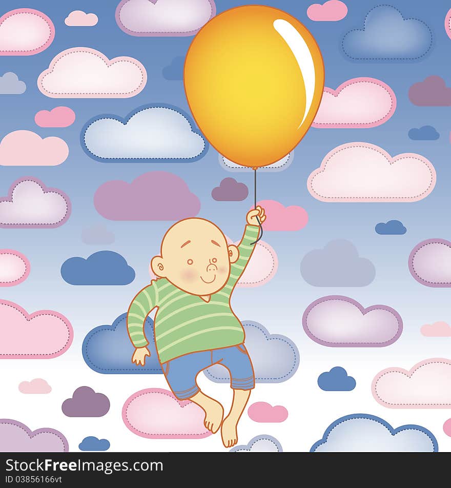 Young Child boy with balloon with Clouds Background