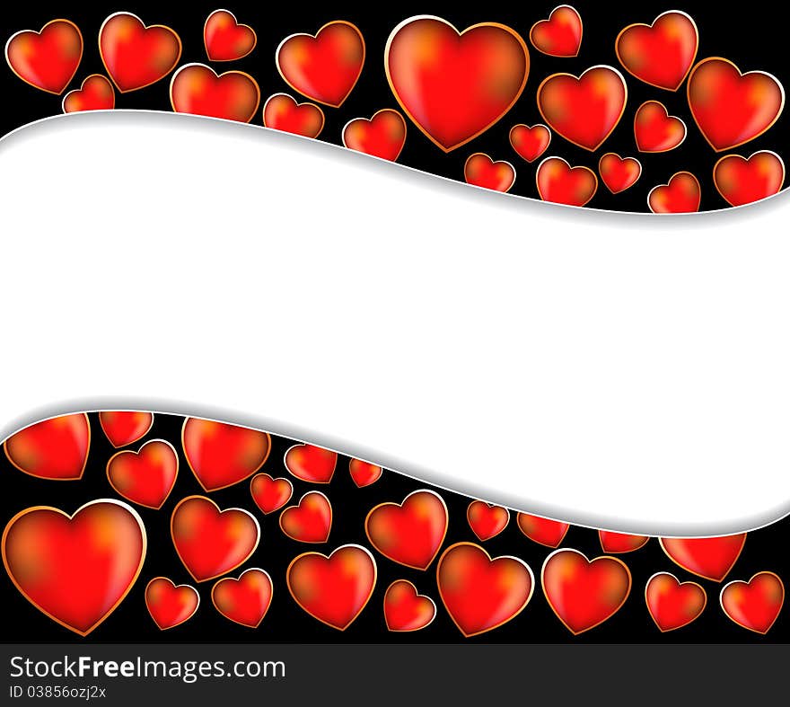 Red hearts on a wavy black background. Red hearts on a wavy black background