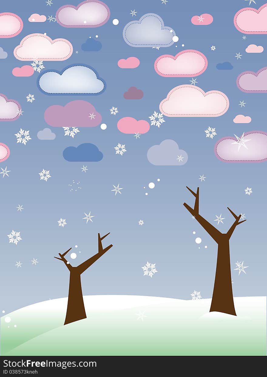 Retro Snowy Landscape with Leafless Trees Winter