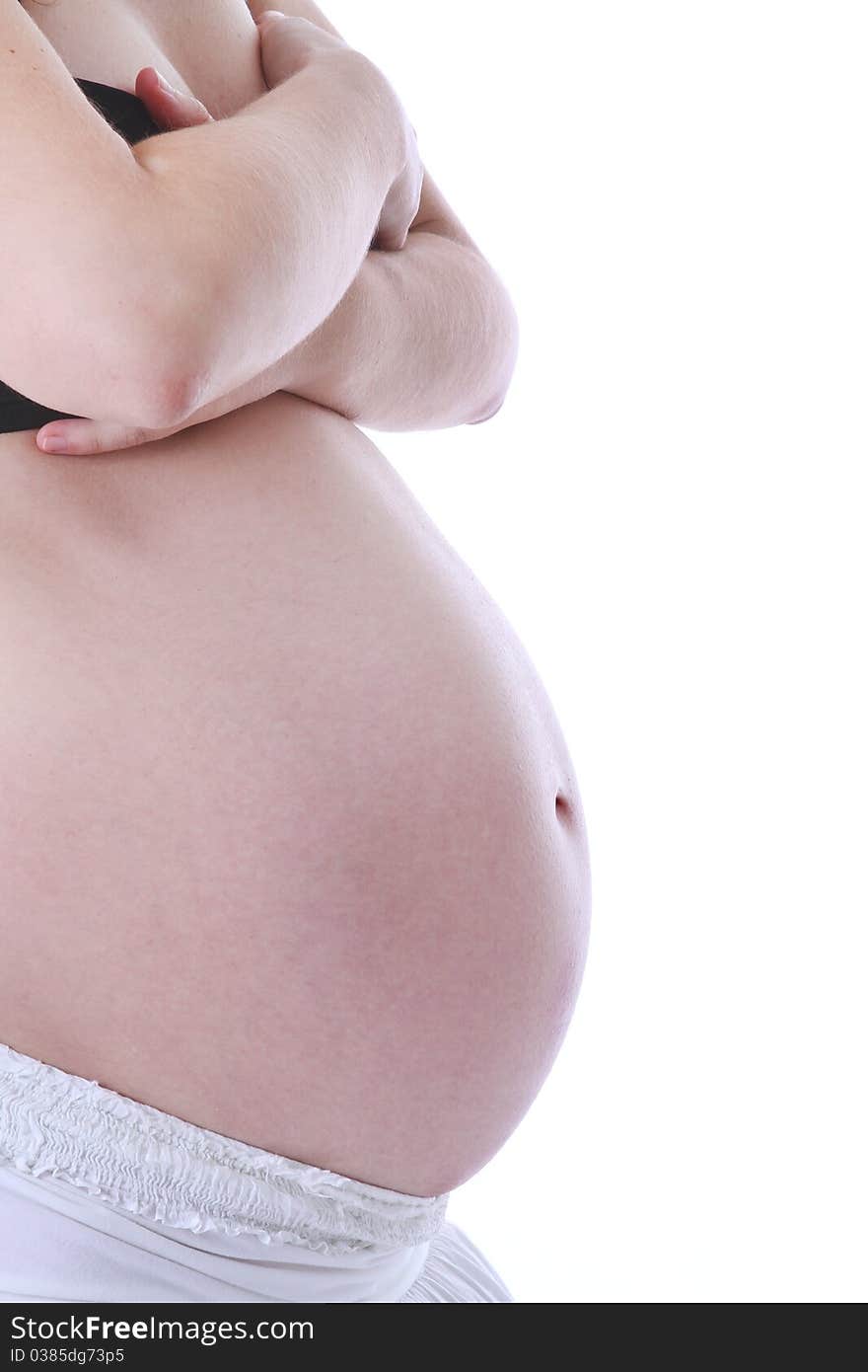 Pregnant belly girl isolated on white background