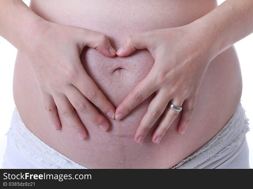 Pregnant belly girl isolated on white background