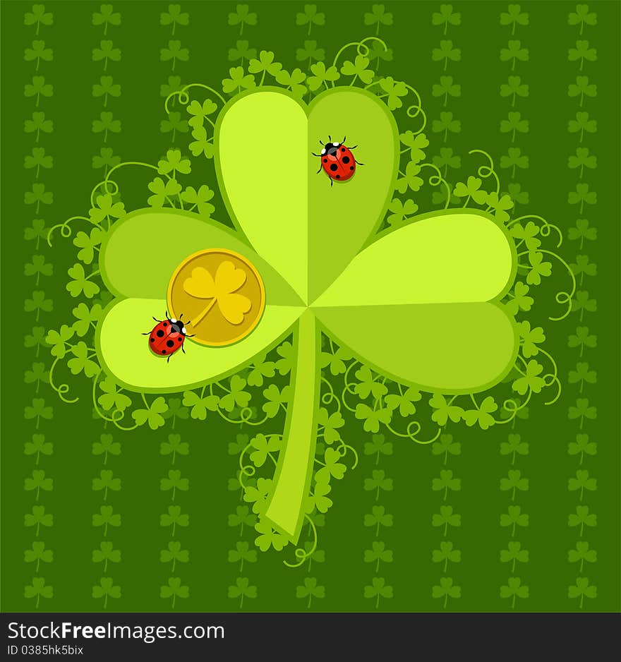 St. Patrick's Day card with clovers, ladybirds and gold coin. St. Patrick's Day card with clovers, ladybirds and gold coin