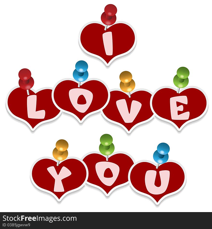 Pinned hearts and sign I love you (vector Illustration for web design)