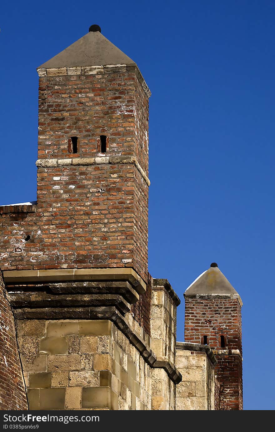 Detail of Belgrade fortress Kalemegdan opposite blue sky. Detail of Belgrade fortress Kalemegdan opposite blue sky