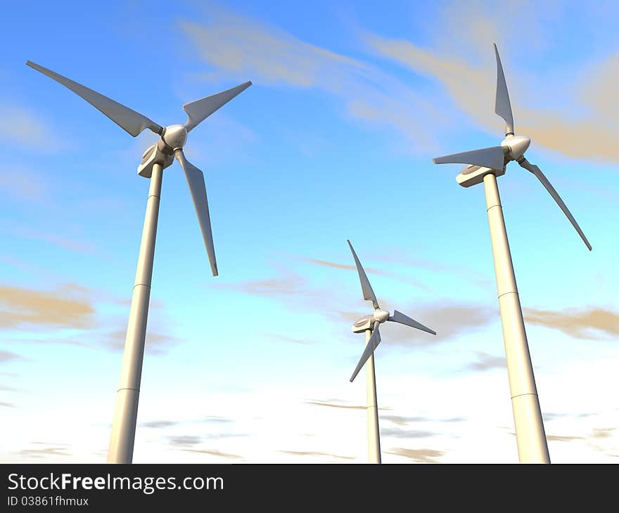 3D-modelled wind plant related to concepts such as ecology, green power, innovation and sustainable development