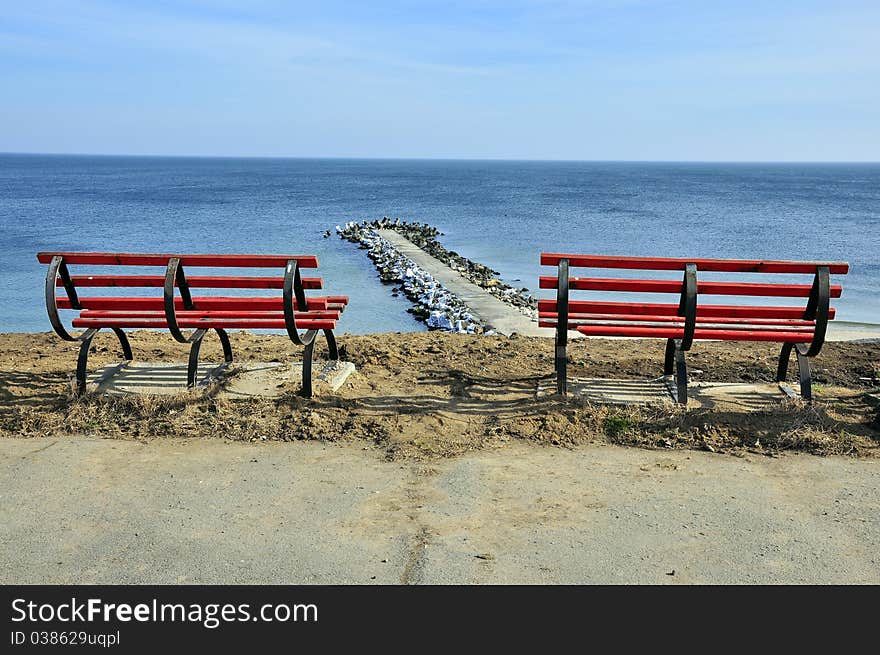 Resting place on sea panorama in a sunny winter day