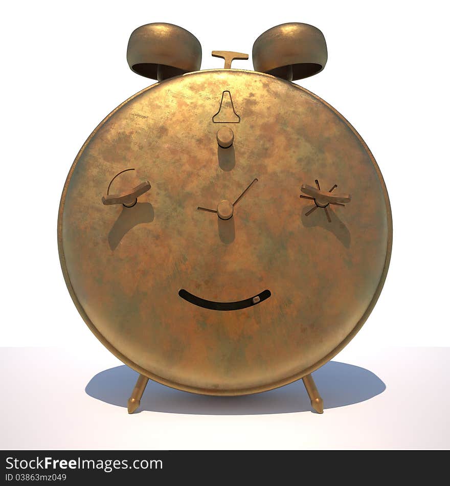 Smiling old clock stand on a white background