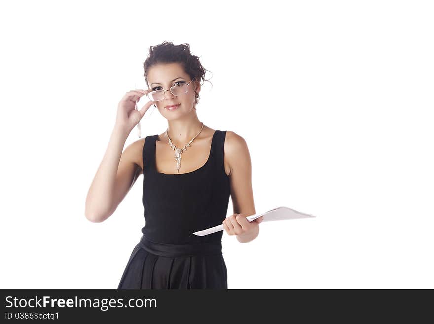 Business of the lady with official papers on a white background