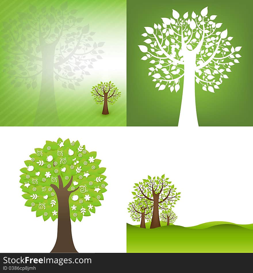 4 Green Background With Tree, Vector Illustration