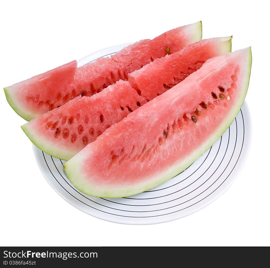 Three portions of water-melon on the white plate