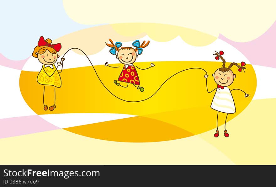 Illustration, girls jump with a skipping rope